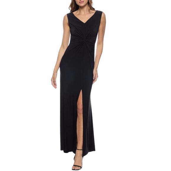 Marina Long V Neck Knot Front High Slit Sleeveless Black Maxi Dress NWT Small - Picture 1 of 15
